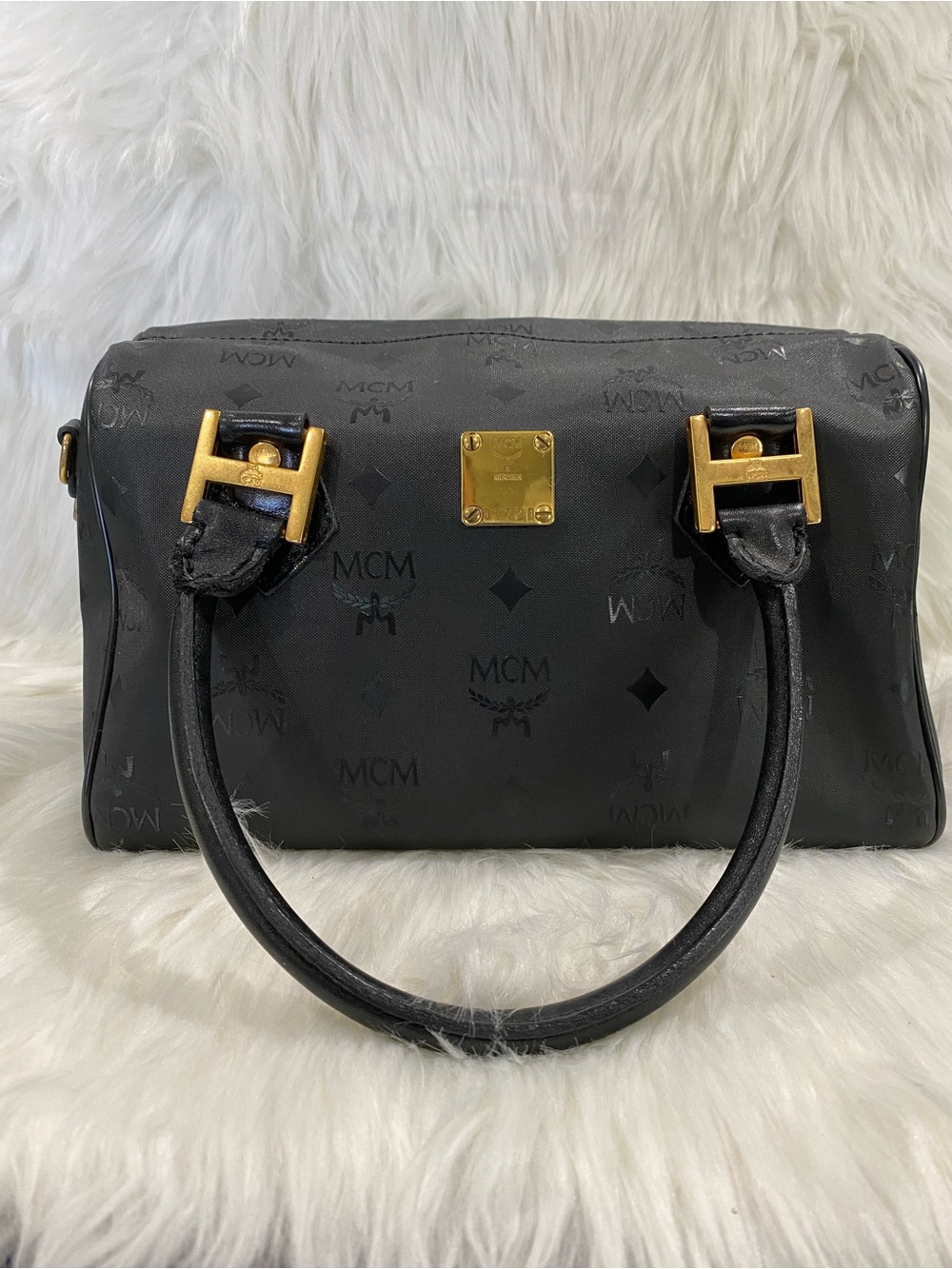 MCM Black Visetos Boston with Gold Hardware